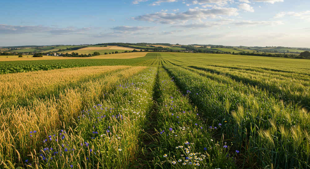 Illustration of thriving biodiversity in a farm setting
